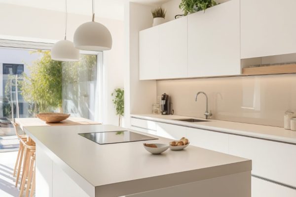 Newly renovated kitchen with modern appliances and sleek, energy-efficient lighting.