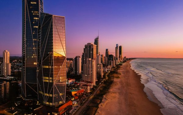 Skyline of the Gold Coast at sunset, powered by expert local electricians.
